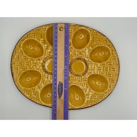 Vintage deviled egg tray in yellow basketweave design 10" x 8.25" oval MCM - Picture 3 of 6